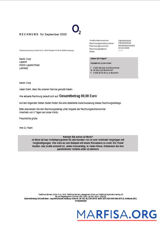 Blank Germany RECHNUNG O2 business utility bill template in Word and PDF formats